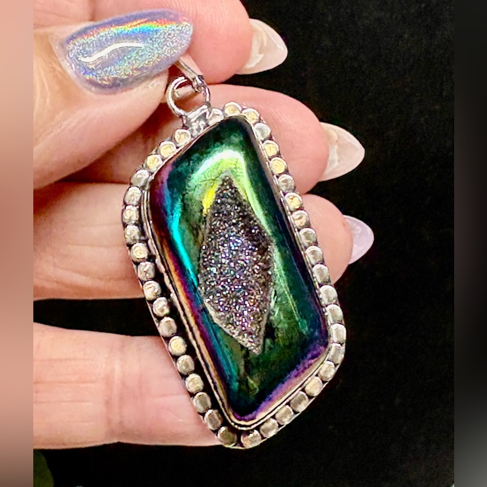 Rectangle Shaped titanium Druzy ethnic artisan made Pendant, Sterling silver